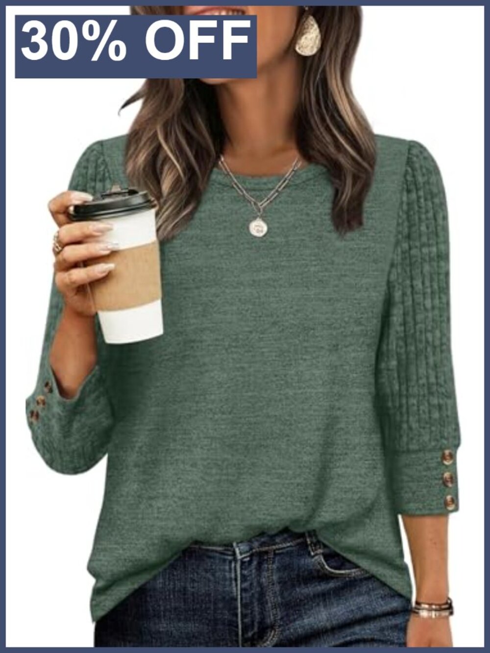 Womens 3/4 Sleeve Lightweight Sweater Top Button Detail Loose Fit Blouse